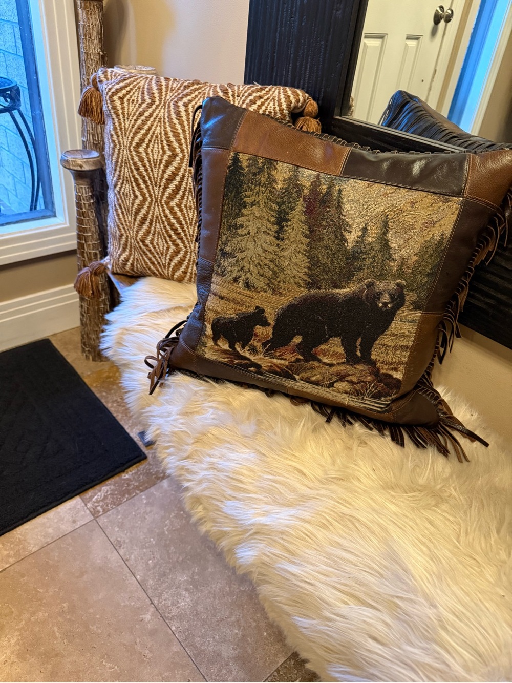 Bear Pillow Leather & Tapestry Throw Pillow Cabin, Mountain, Western Decor 17x17